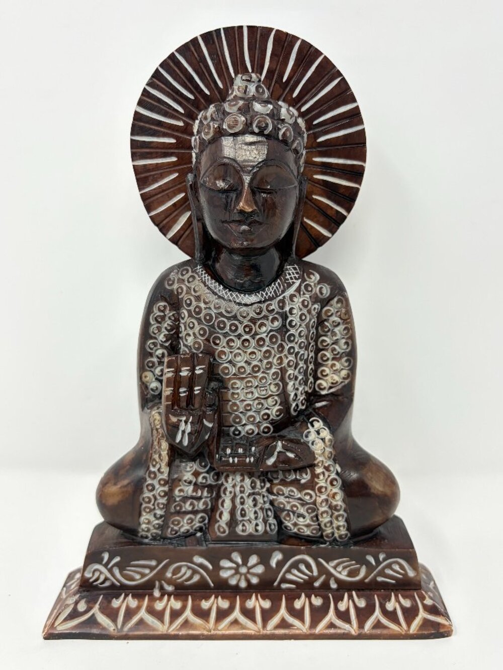 Vtg Hand Carved Etched Stone Buddha Statue Halo Meditation 9" Asian India Decor